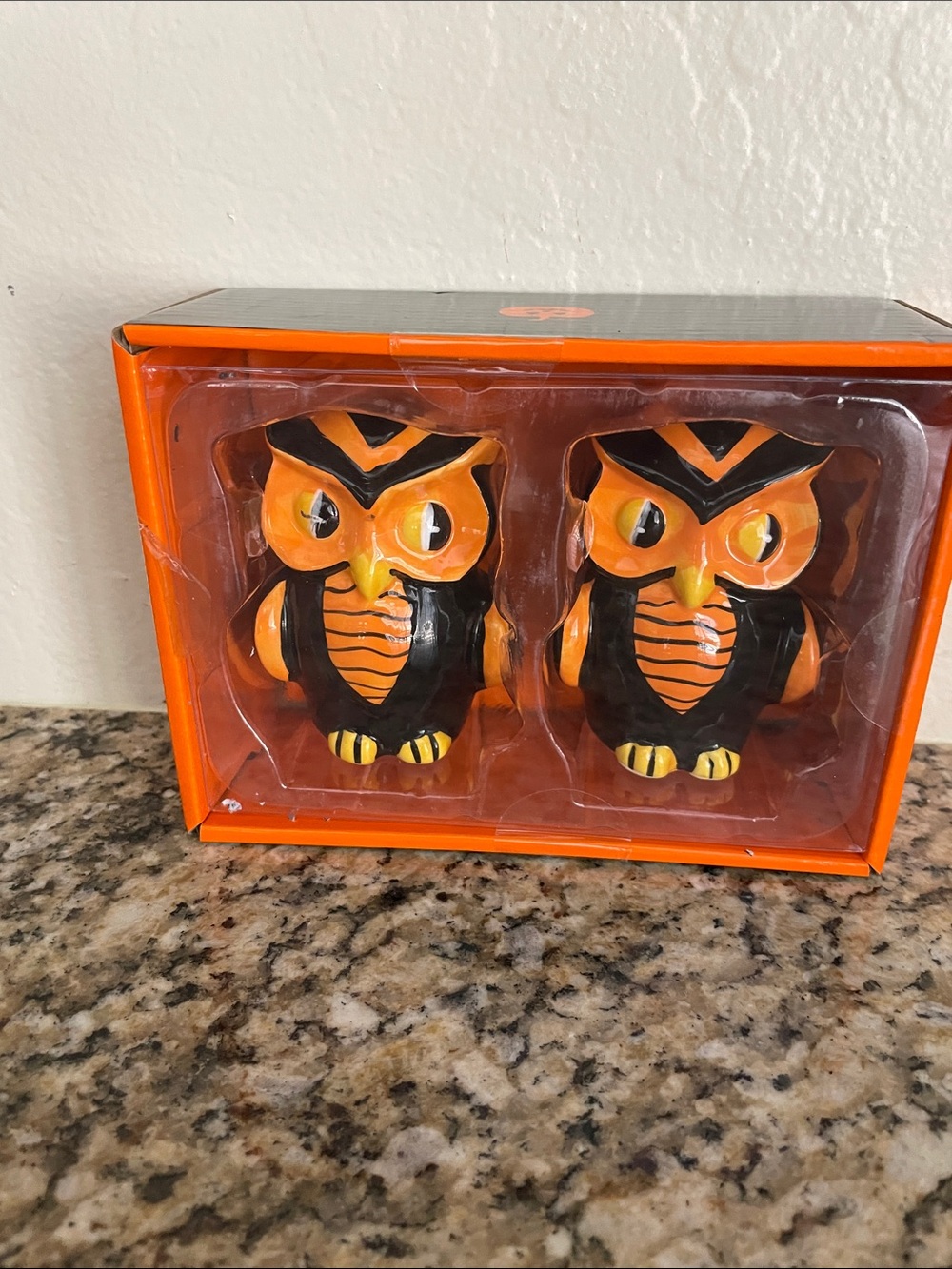 Ceramic Owl Salt & Pepper Shaker Set - Orange and Black